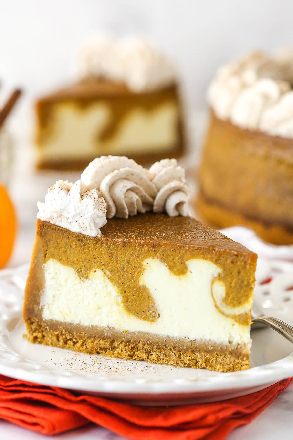 A slice of pumpkin pie cheesecake.