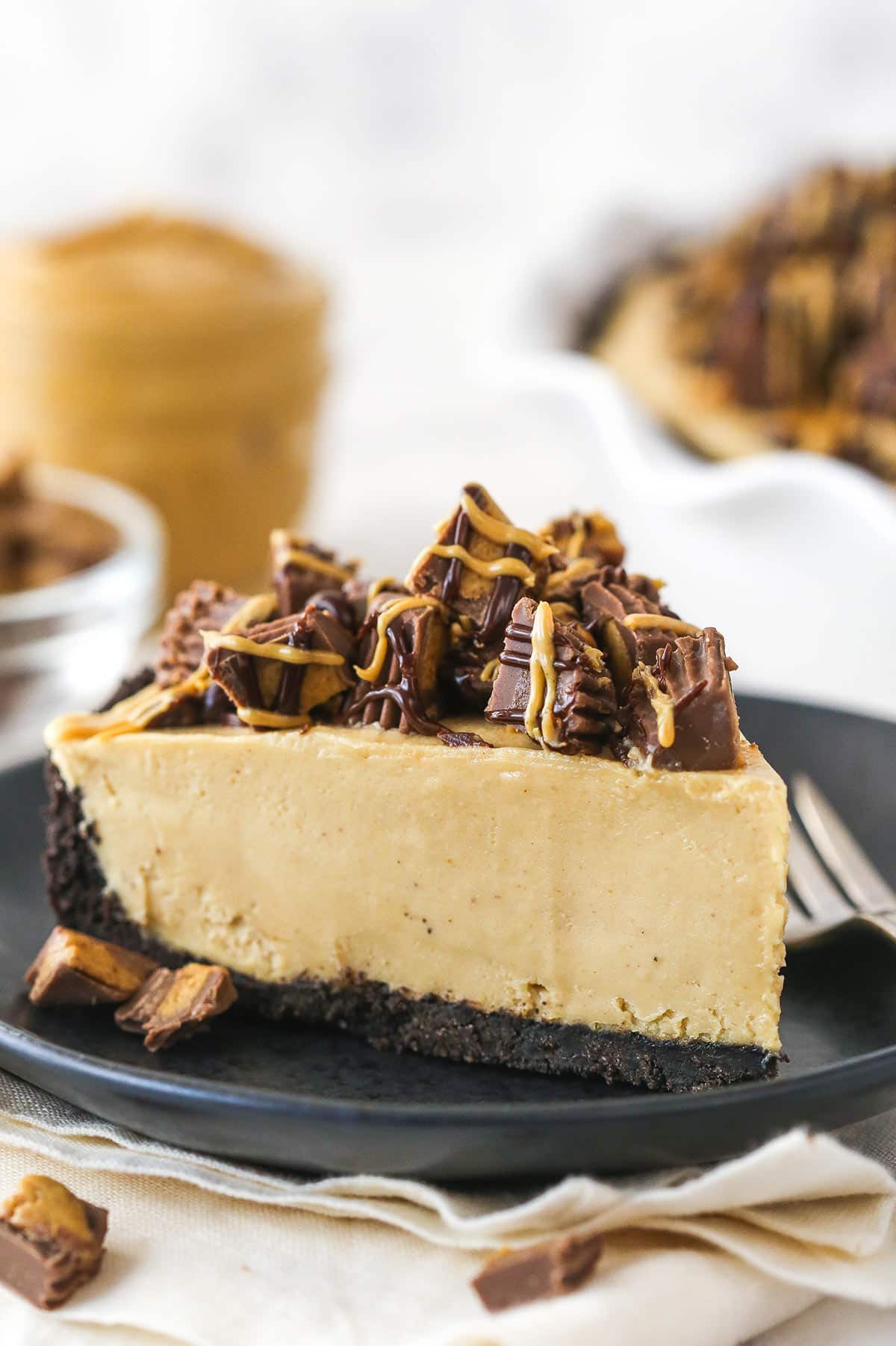 A slice of Reese's peanut butter pie on a plate.