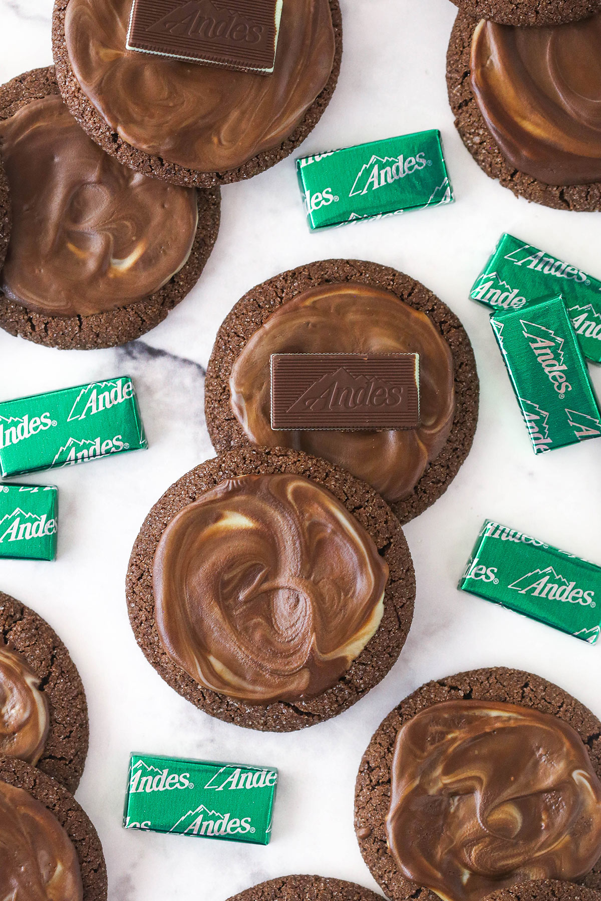 Overhead image of Andes mint cookies surrounded by Andes mints.