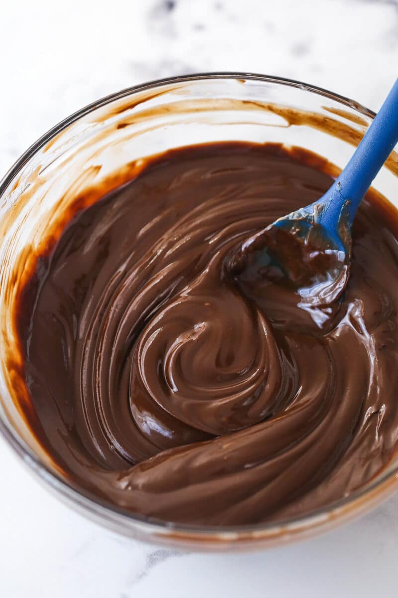 Melting chocolate and butter together n a mixing bowl.