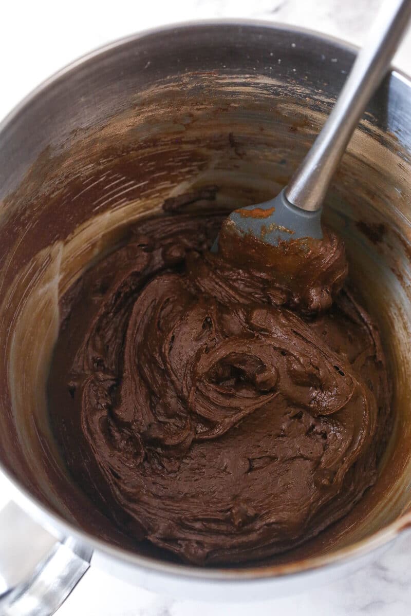 Mixing dry ingredients into brownie cookie dough.