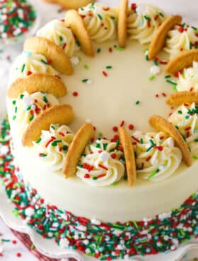 The top of a Frosted Sugar Cookie Layer Cake.