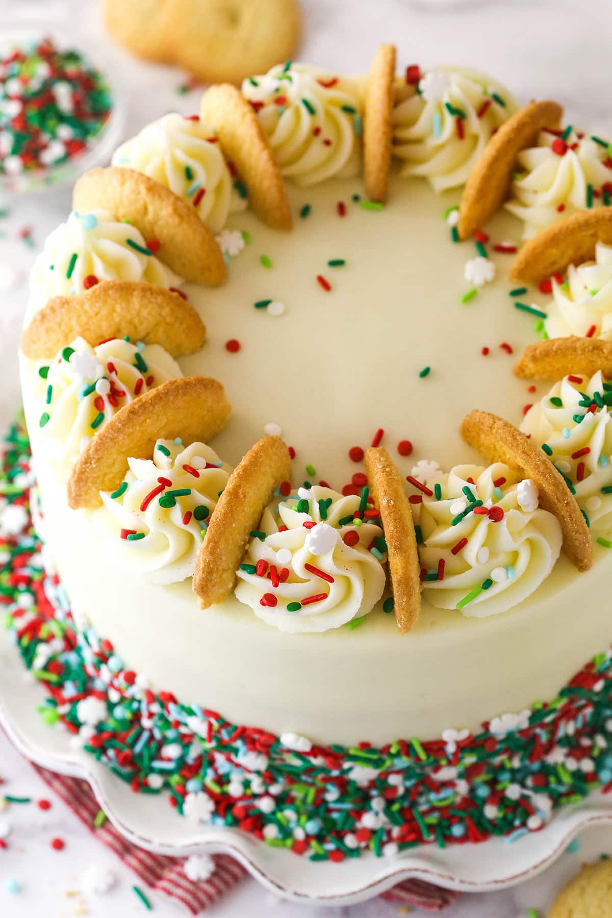 The top of a Frosted Sugar Cookie Layer Cake.