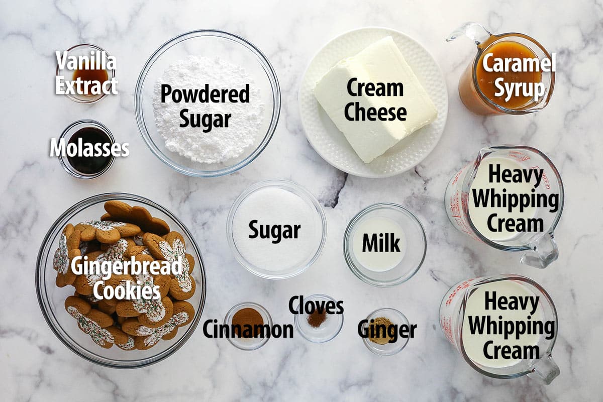 Labeled ingredients for Gingerbread Cheesecake Trifle.