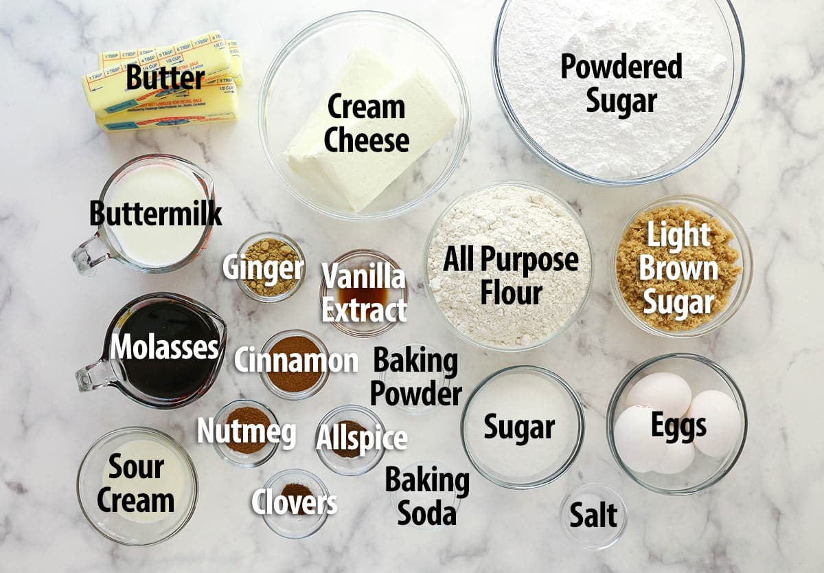 Ingredients for gingerbread layer cake.