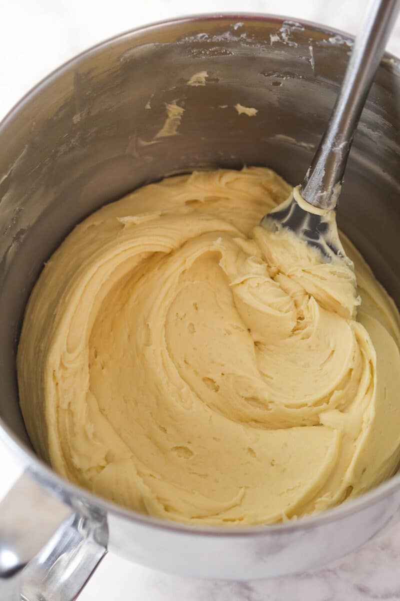 Molasses cream cheese frosting in a mixing bowl.
