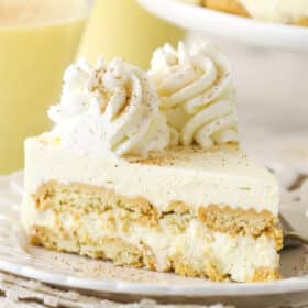 A slice of No Bake Eggnog Icebox Cake on a small white plate.