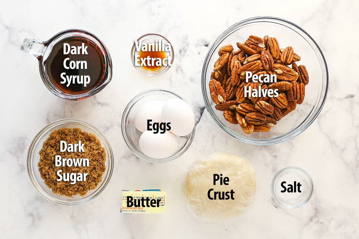 Ingredients for Classic Pecan Pie with text labels.