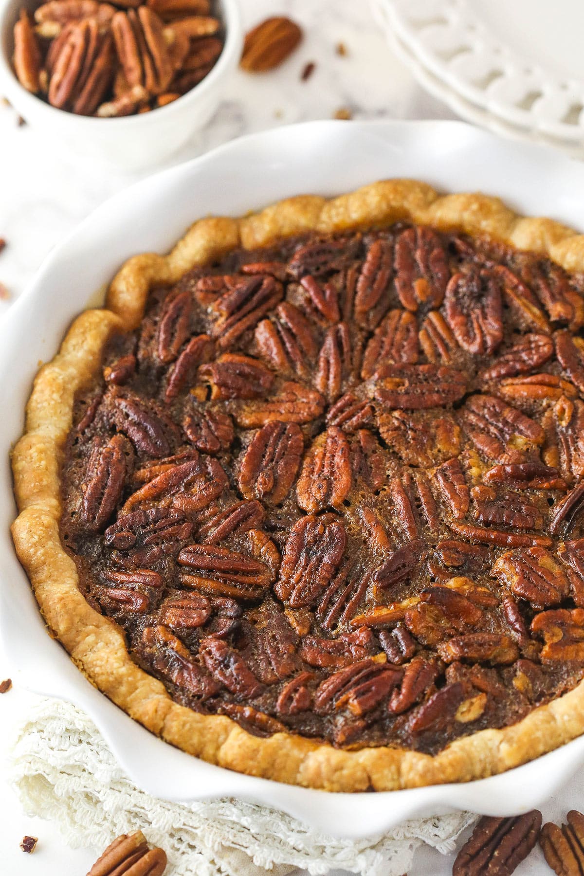 Classic Pecan Pie in a white baking pan.