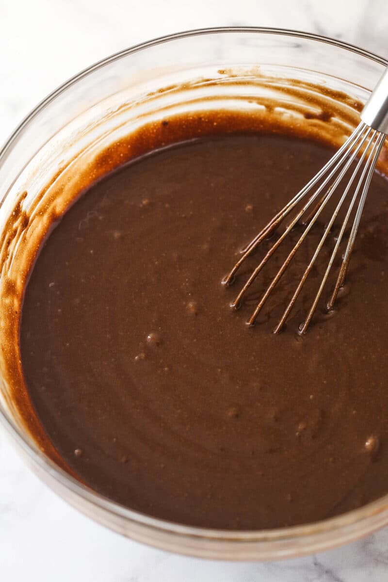 Adding the wet ingredients to the dry ingredients to make chocolate cake batter.