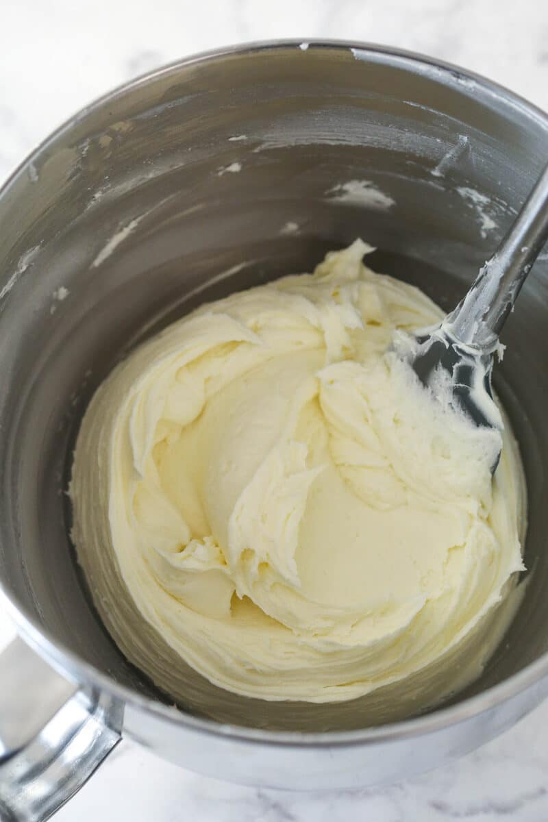 Peppermint buttercream frosting in a mixing bowl.