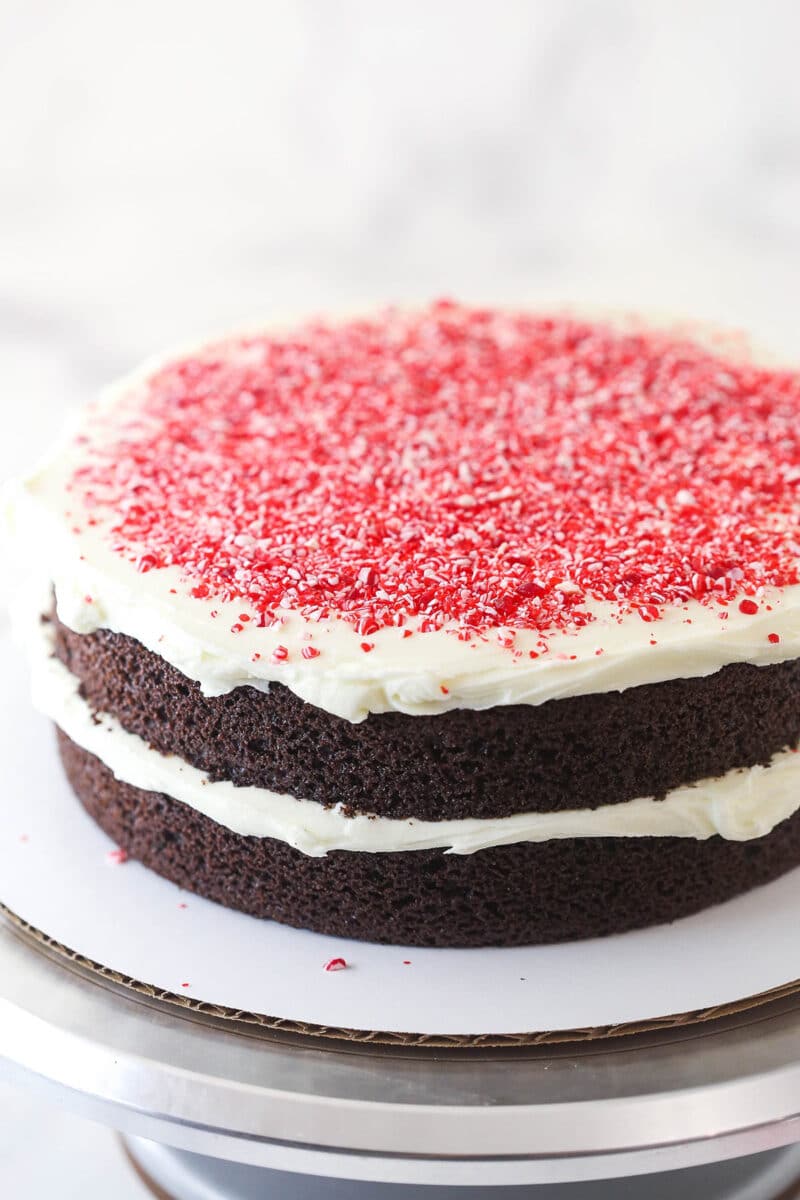 Stacking and filling chocolate peppermint cake.