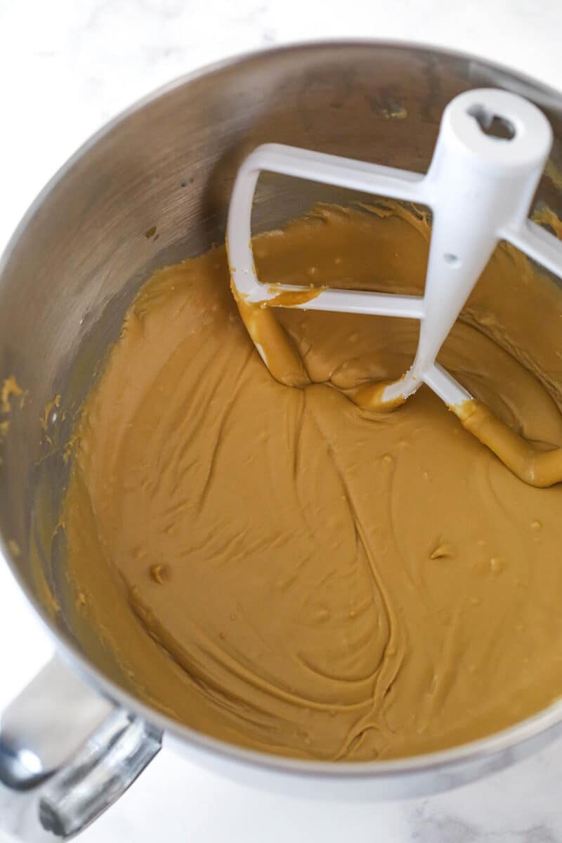Batter for the Praline Pecan Fudge after powdered sugar has been added.