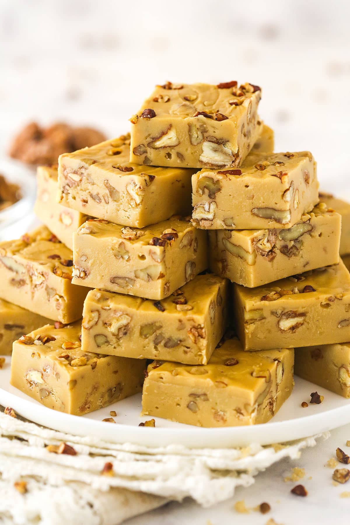 Pecan Pralines Fudge is rich and buttery, chock full of toasted pecans, and has unbelievable melt-in-you-mouth brown sugar flavor! Plus, it's simple to make! Stacks of cut Praline Pecan Fudge on a white plate.