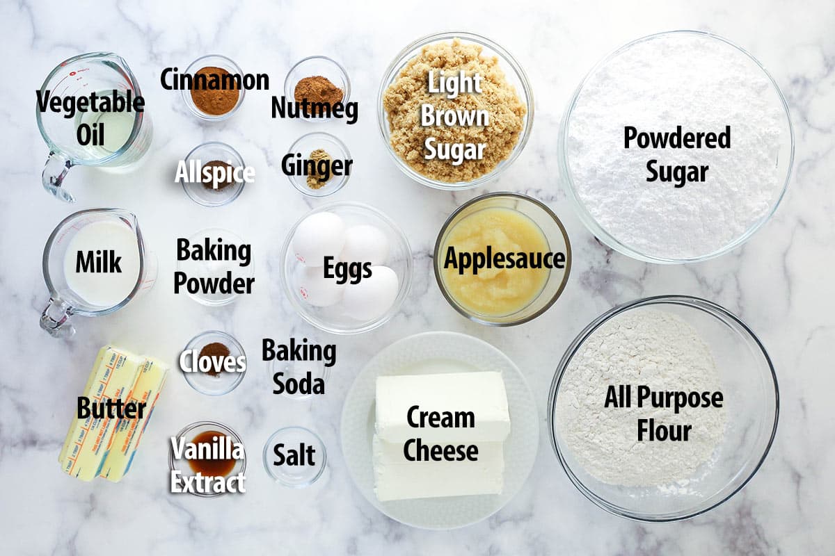 Ingredients for Spice Cake with labels.
