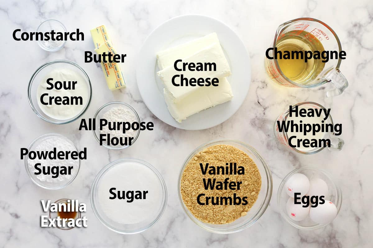 Labeled ingredients needed to make Champagne Cheesecake.