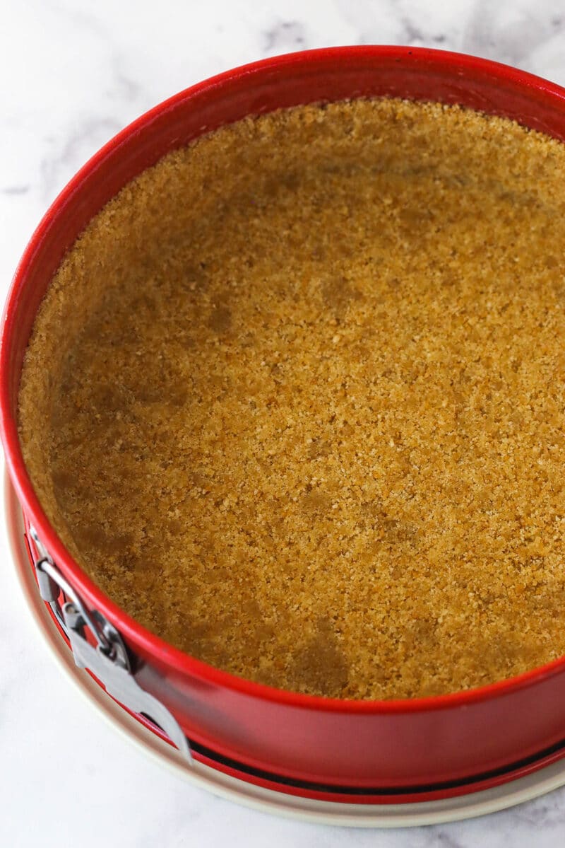 Graham cracker mixture pressed into a springform pan.