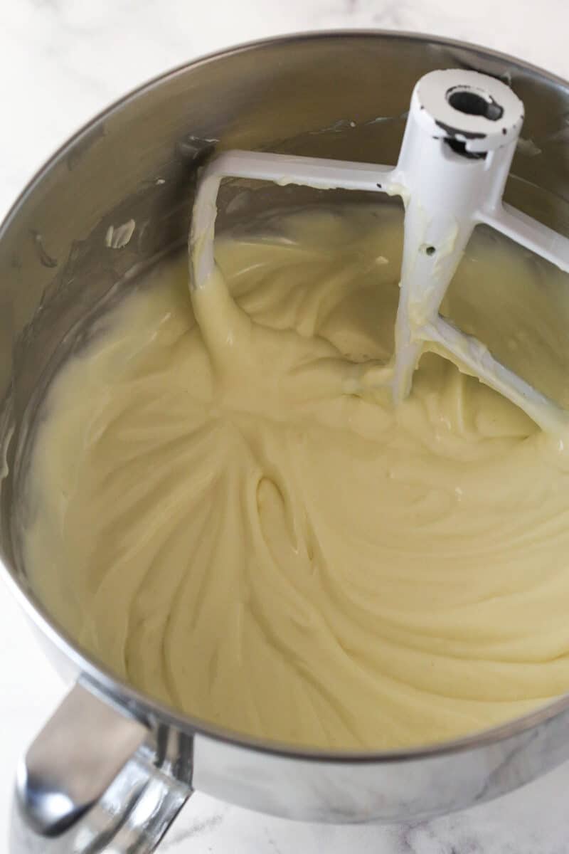 Cream cheese mixture after adding sour cream, vanilla and champagne reduction. 