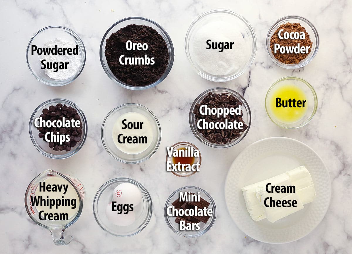 Ingredients for mini chocolate cheesecakes.