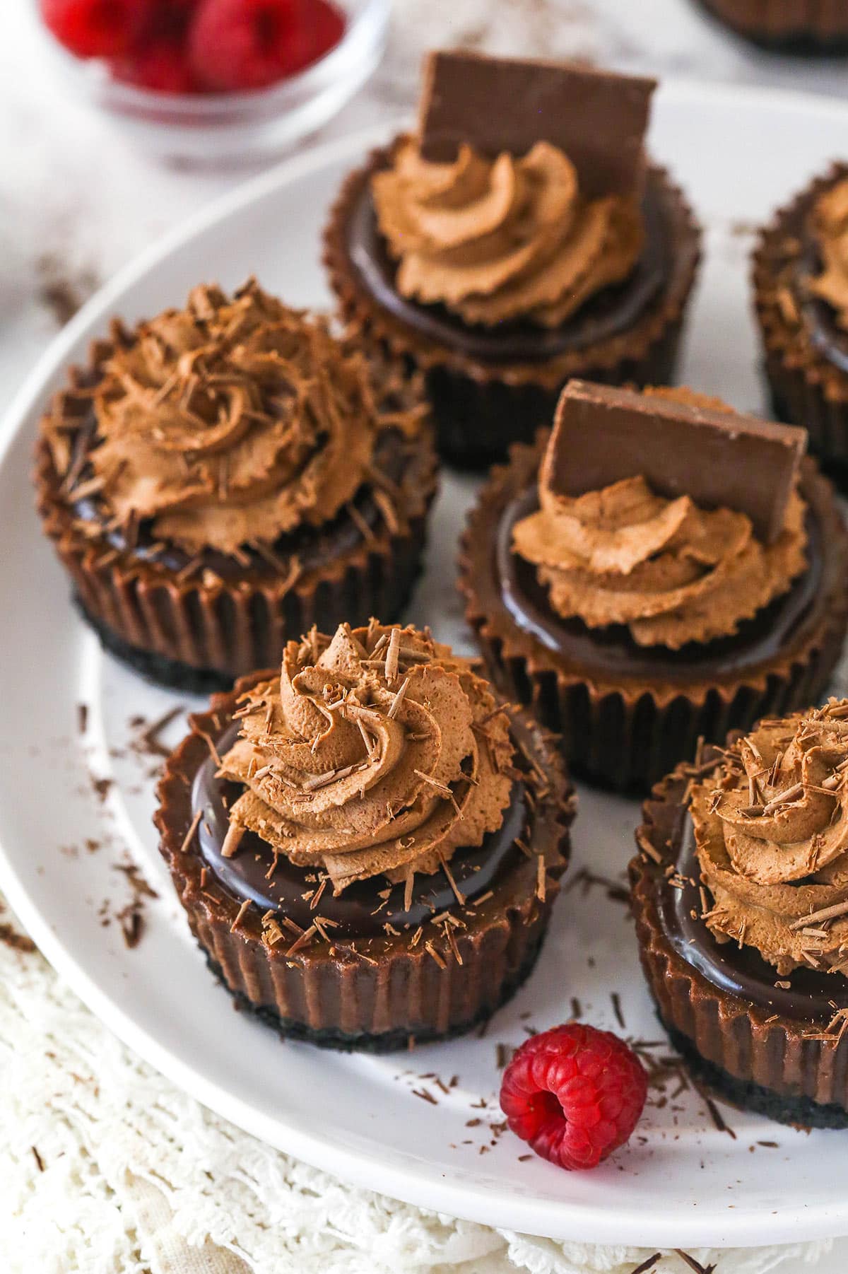 Overhead image of mini chocolate cheesecakes on a plate.