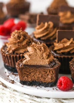 Mini chocolate cheesecakes on a plate. One has a bite taken out of it.