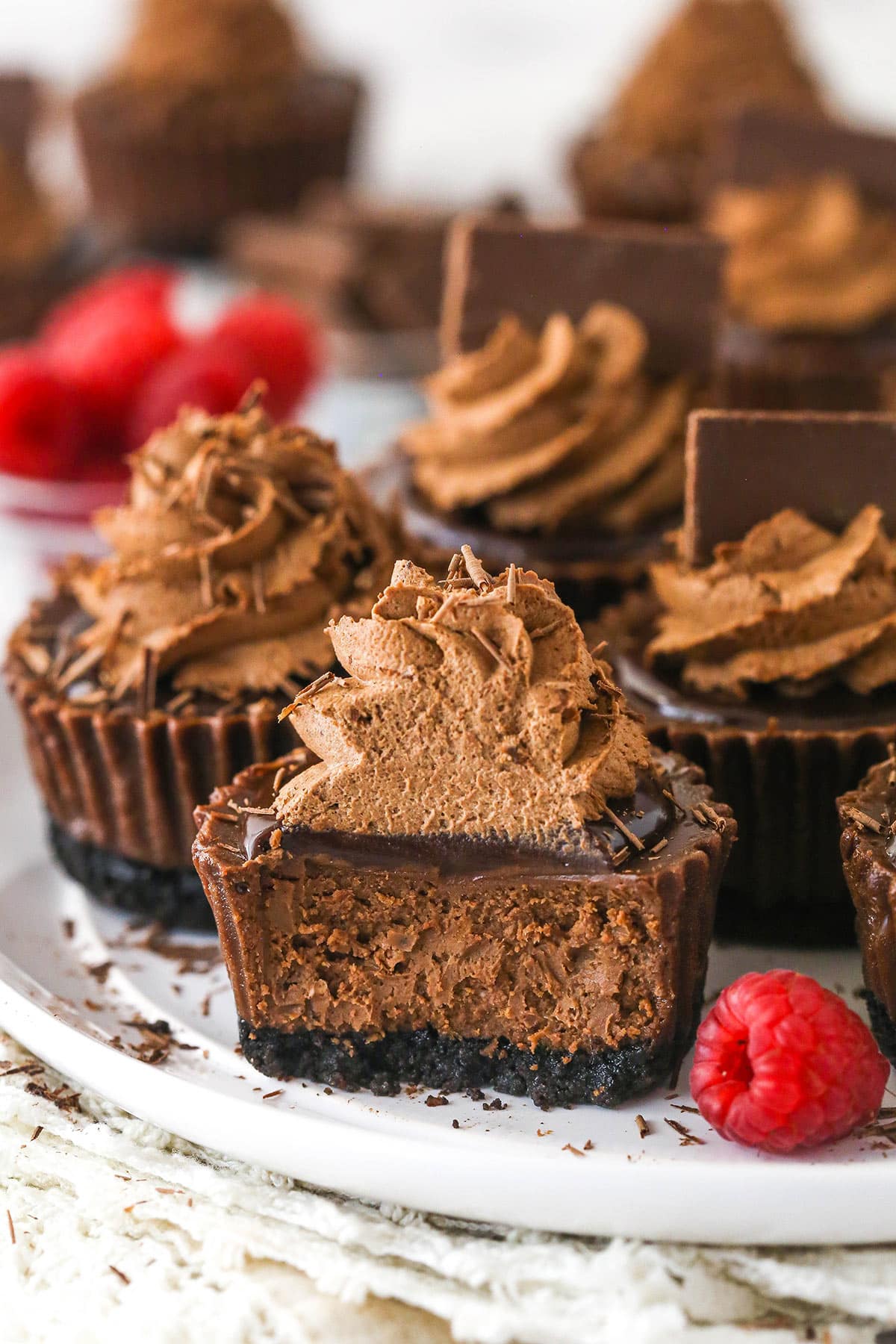 Mini chocolate cheesecakes on a plate. One has a bite taken out of it.