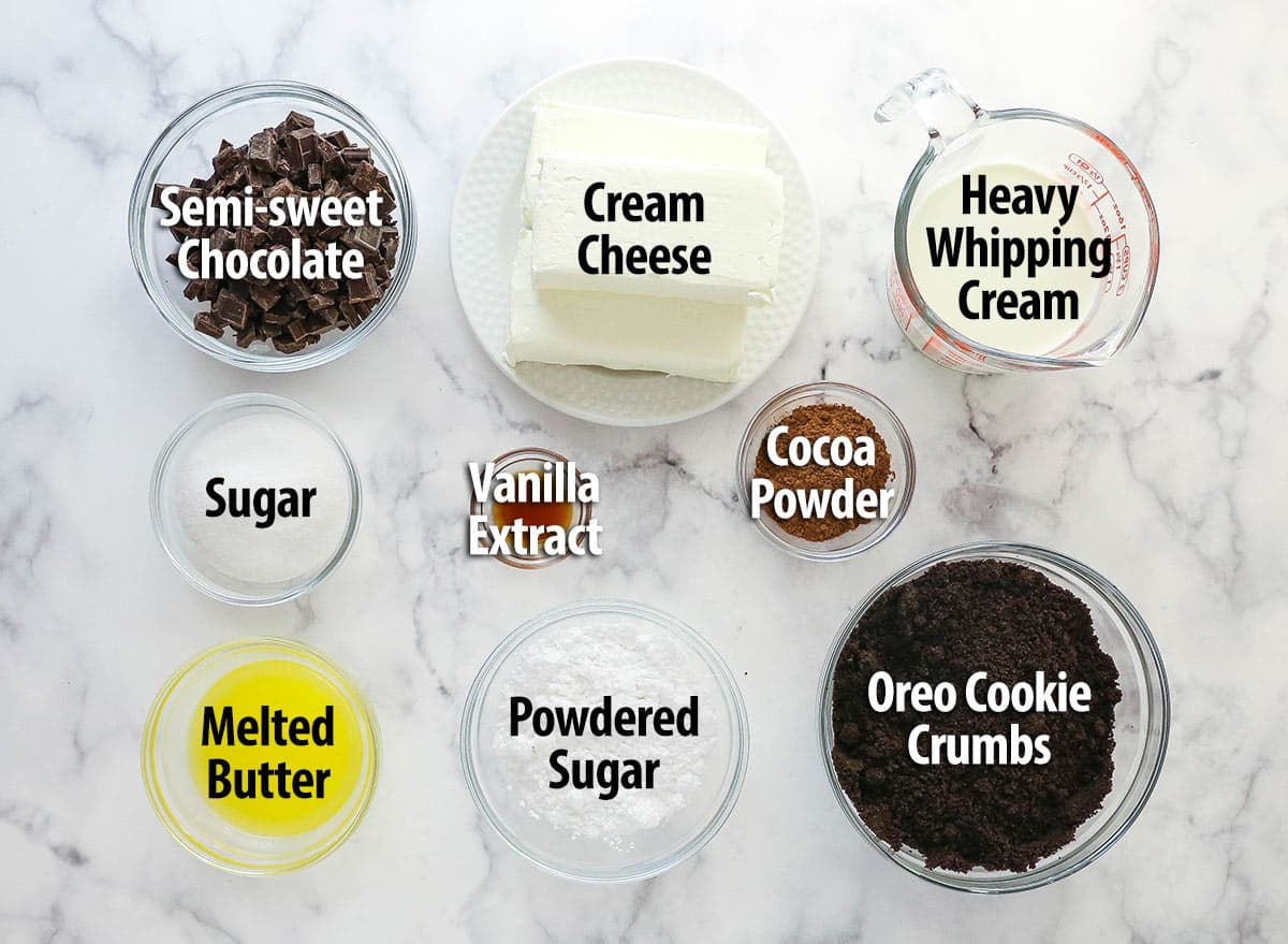 Labeled ingredients for No-Bake Chocolate Cheesecake.