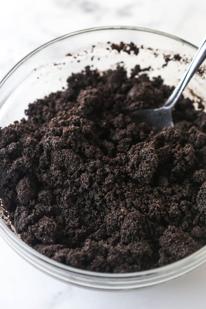 Chocolate cookie crumb mixture for cheesecake crust.