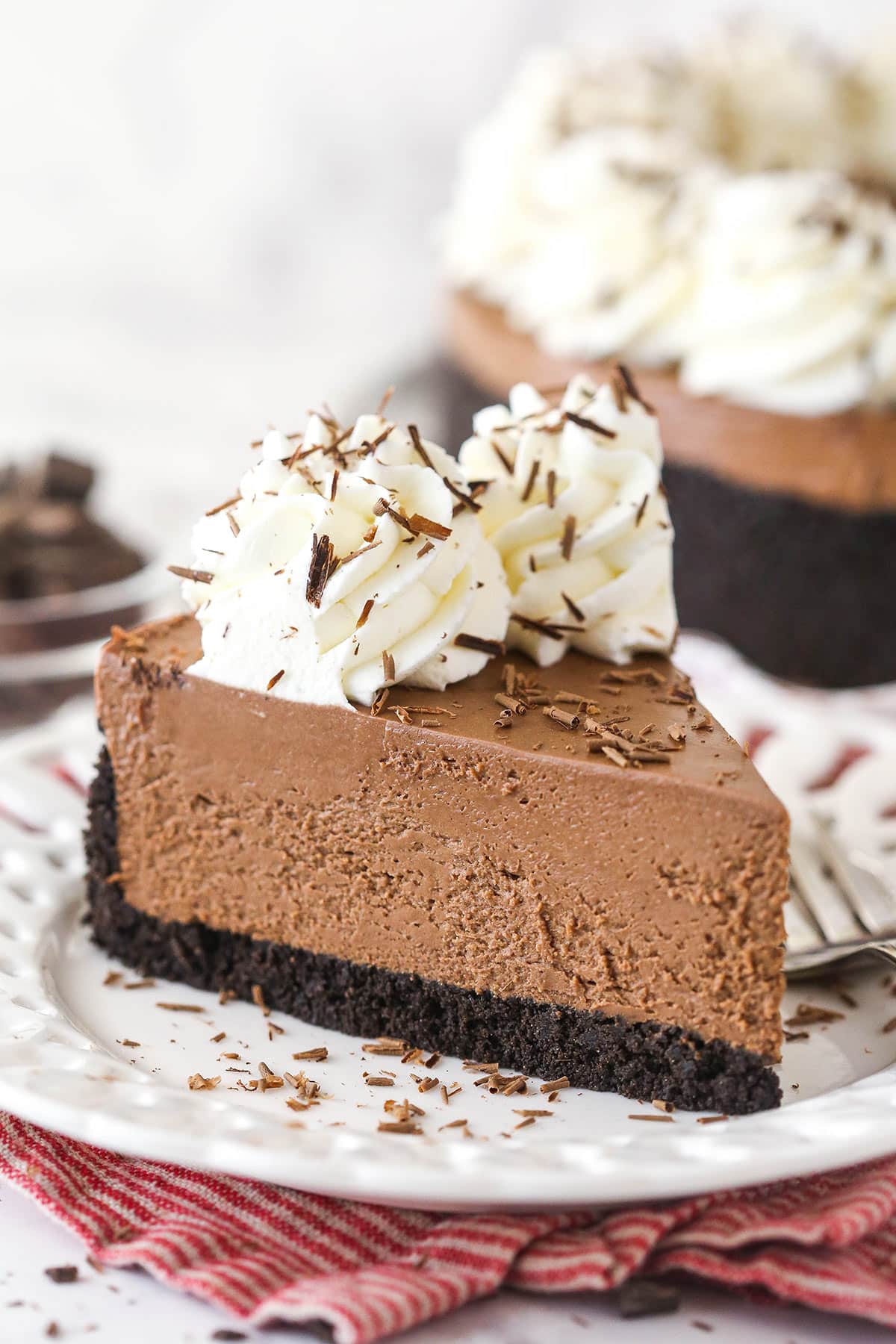 A slice of No-Bake Chocolate Cheesecake on a small white plate.