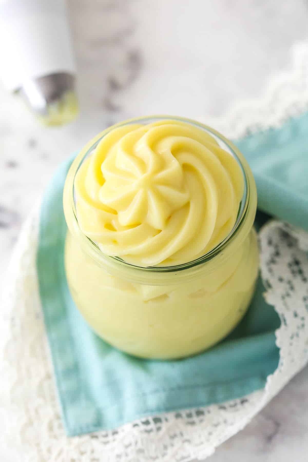 Pastry cream piped into a jar.