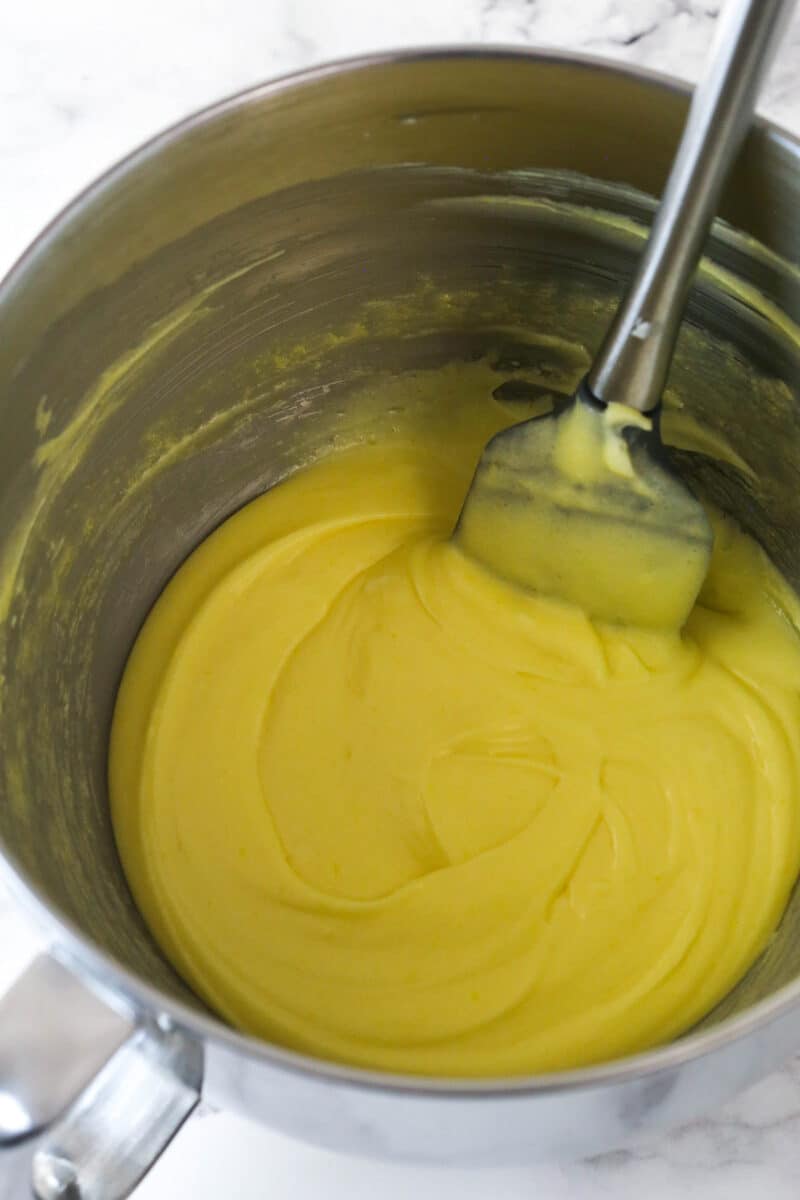 Egg yolk mixture for Strawberry Champagne Tiramisu after whisking process.