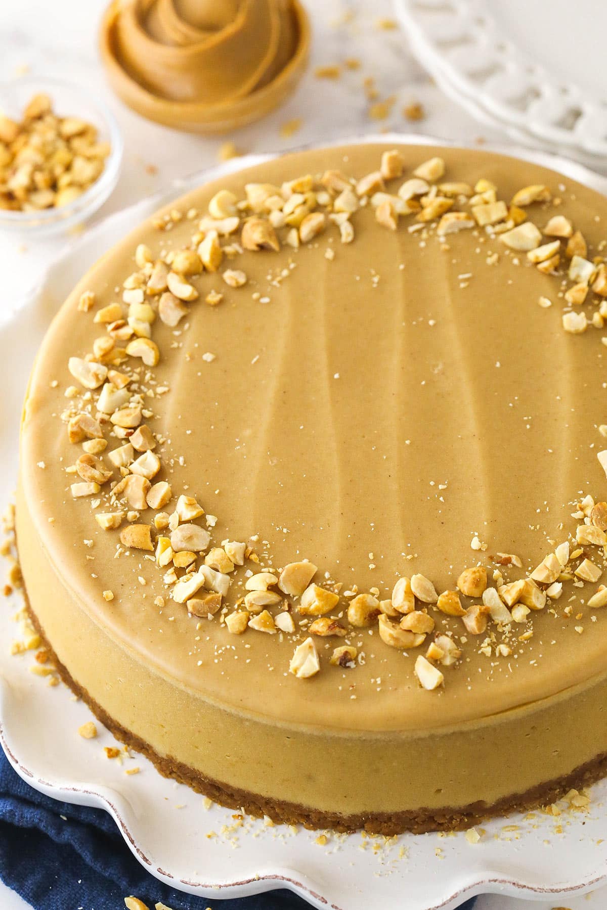 Peanut butter cheesecake on a serving platter.
