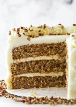 Close up of a Spice Cake with slices cut away to show layers.