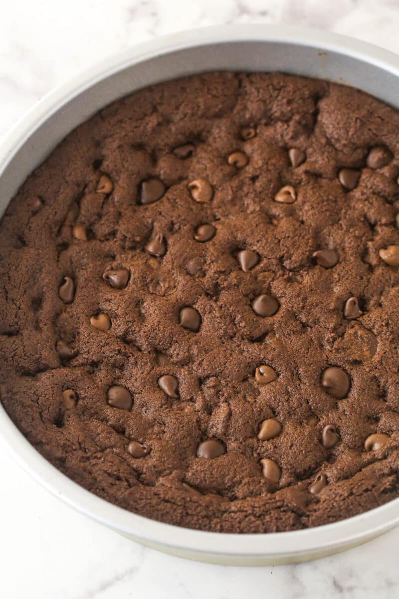 Triple chocolate cookie cake is made up of a fudgy chocolate cookie base loaded with chocolate chips and topped with chocolate buttercream. Chocolate cookie cake cooling in a cake pan.