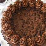 Overhead image of chocolate cookie cake on a serving platter.