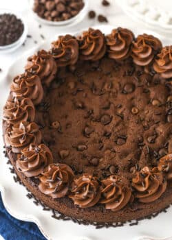 Overhead image of chocolate cookie cake on a serving platter.