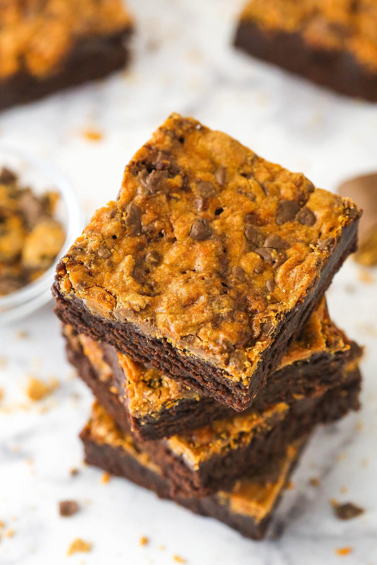 Overhead image of a stack of butterfinger brownies.