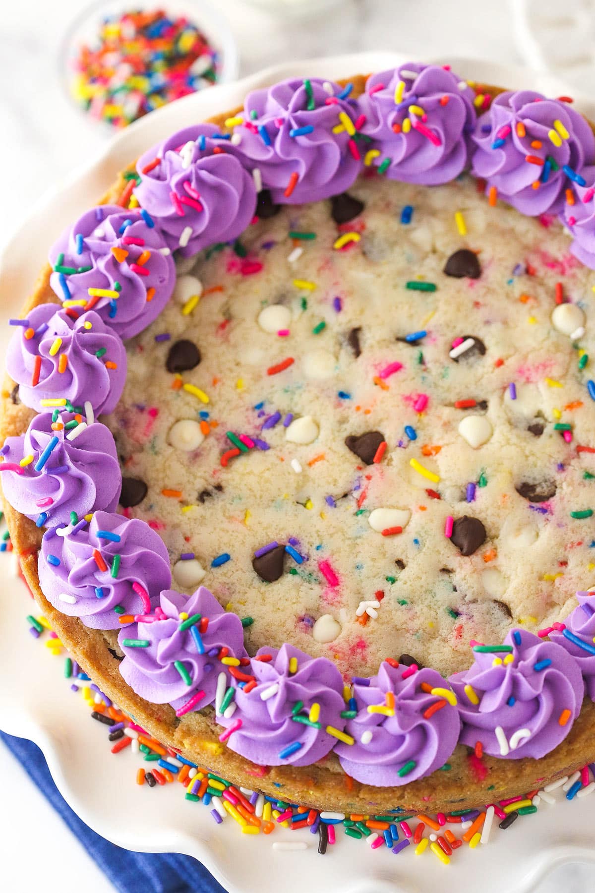 Overhead image of Funfetti cookie cake.