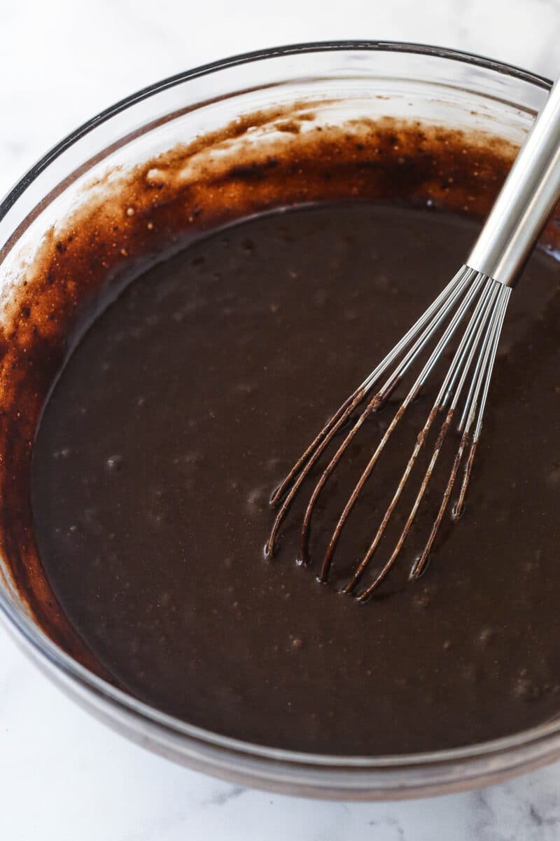 Whisk the flour and cocoa powder into the brownie batter.