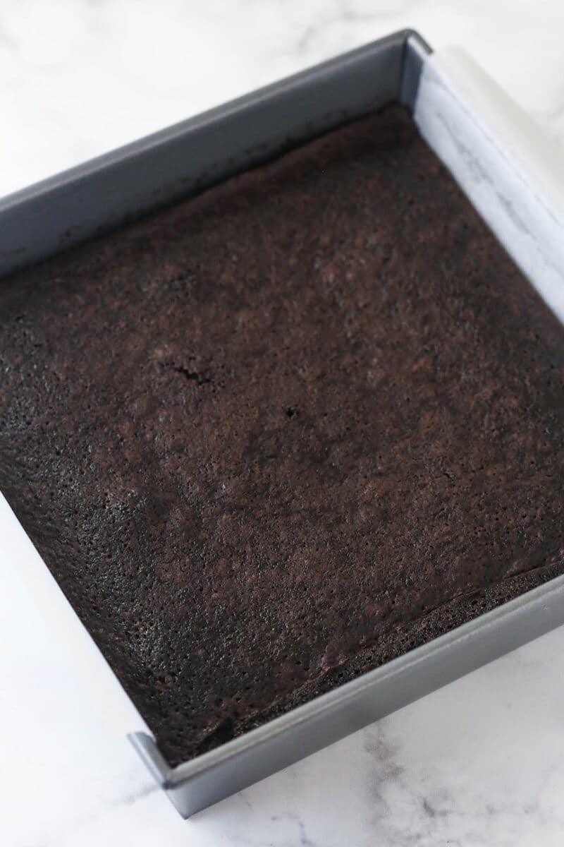 Guinness brownies cooling in a pan.