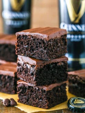 A stack of three Guinness brownies.