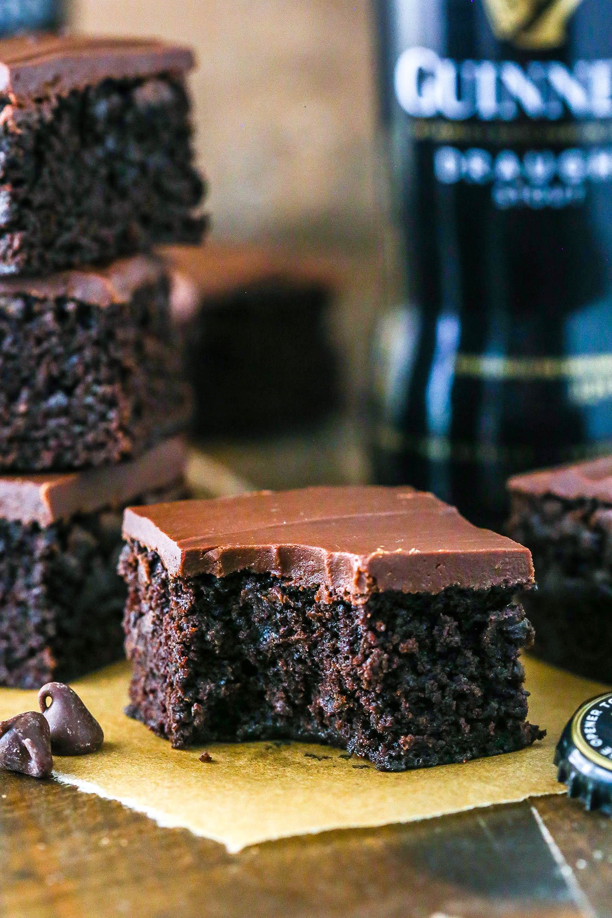 A Guinness brownie with a bite taken out of it.