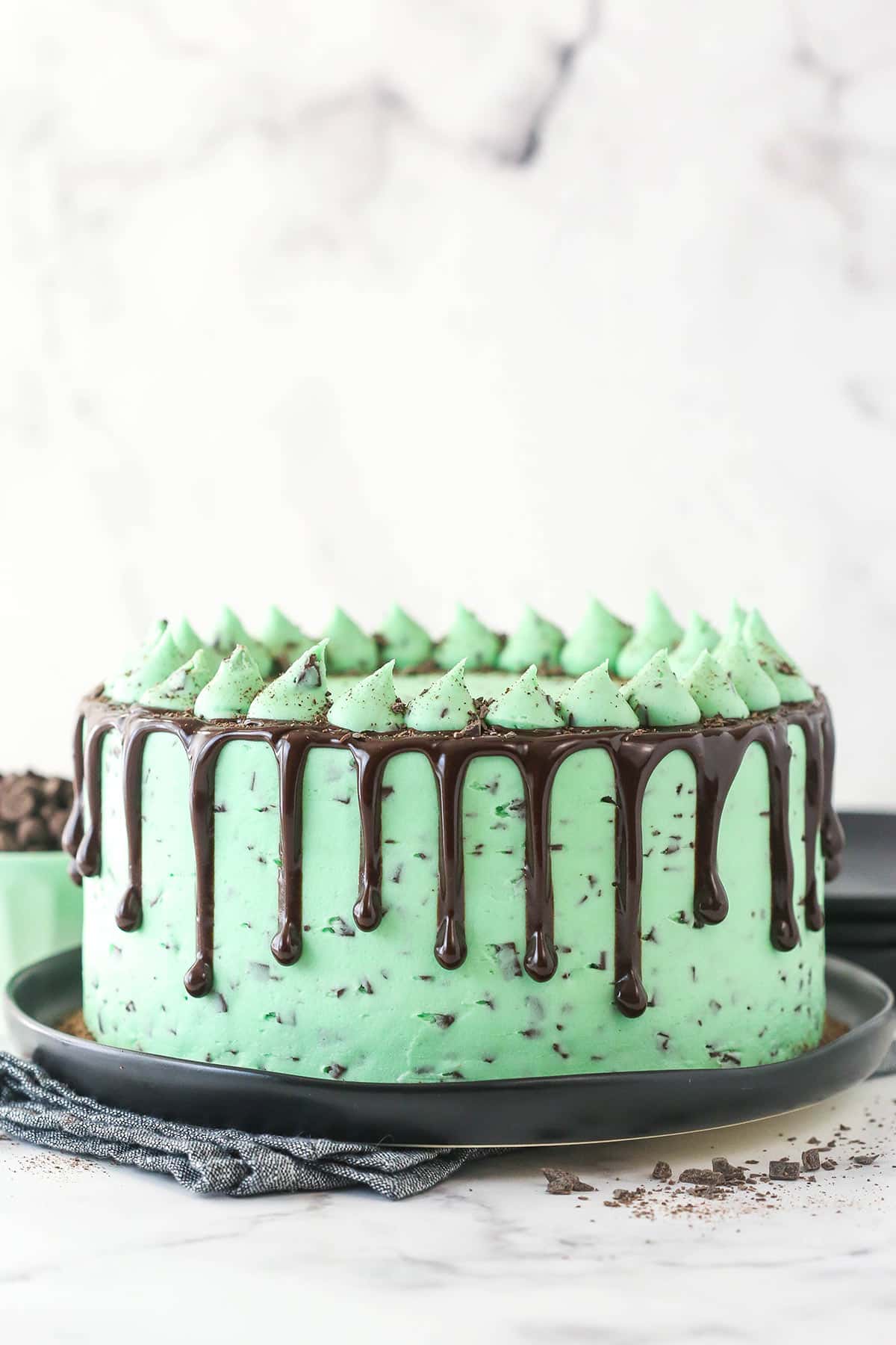 Mint chocolate cake on a serving plate.