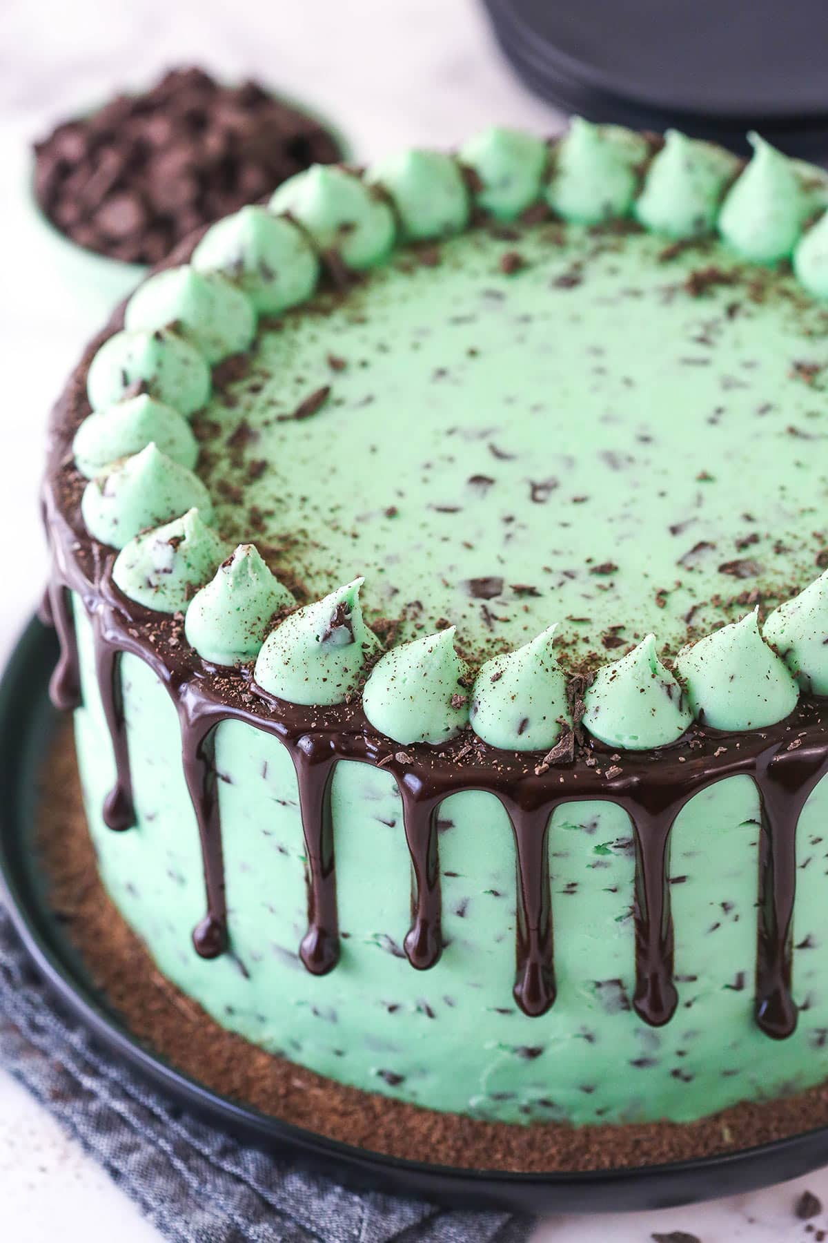 Overhead image of mint chocolate cake on a serving plate.
