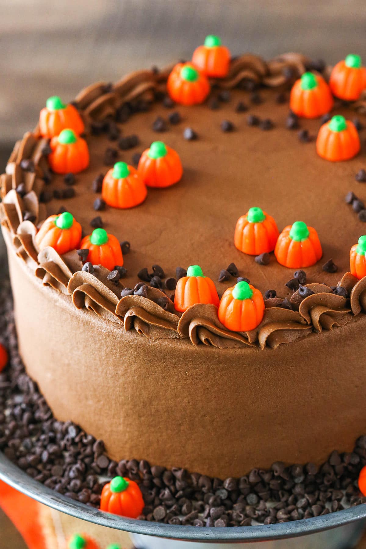 Overhead view of a full Pumpkin Chocolate Chip Layer Cake on a gray cake stand