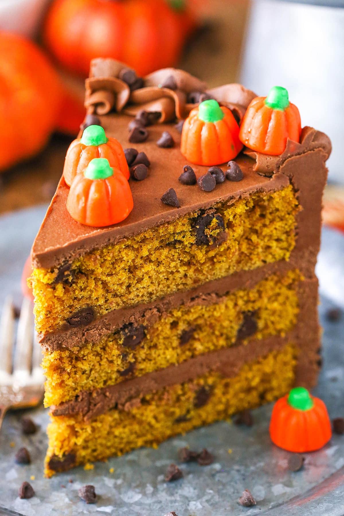 This Pumpkin Chocolate Chip Layer Cake is a tender, moist pumpkin cake with chocolate chips and a smooth chocolate frosting made with melted chocolate! A slice of Pumpkin Chocolate Chip Layer Cake next to a fork on a gray plate