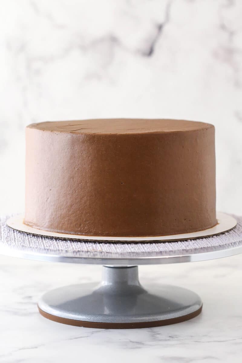 Red wine chocolate cake frosted with chocolate buttercream.