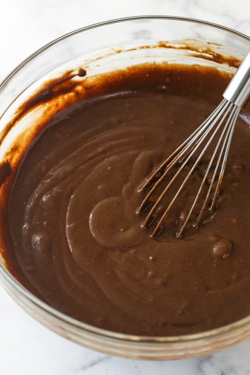 Whisking together flour, sugar, cocoa powder, baking soda, salt, eggs, buttermilk, and vegetable oil to make chocolate cake batter.