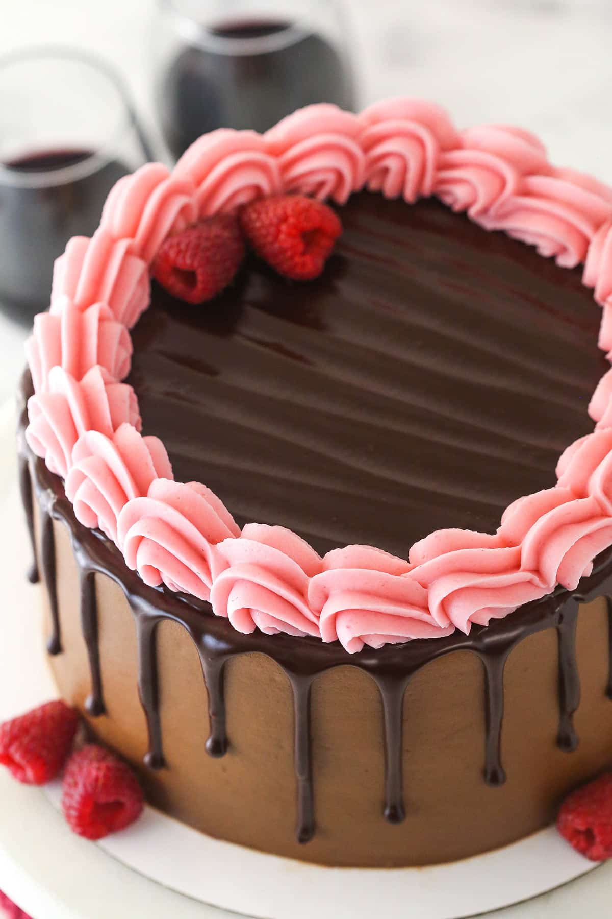 Overhead image of red wine chocolate cake.