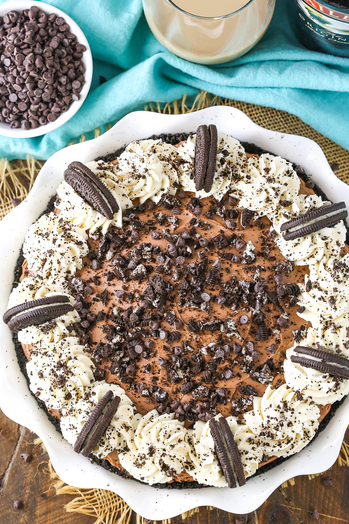 Overhead view of a full Baileys Chocolate Cream Pie in a white platter